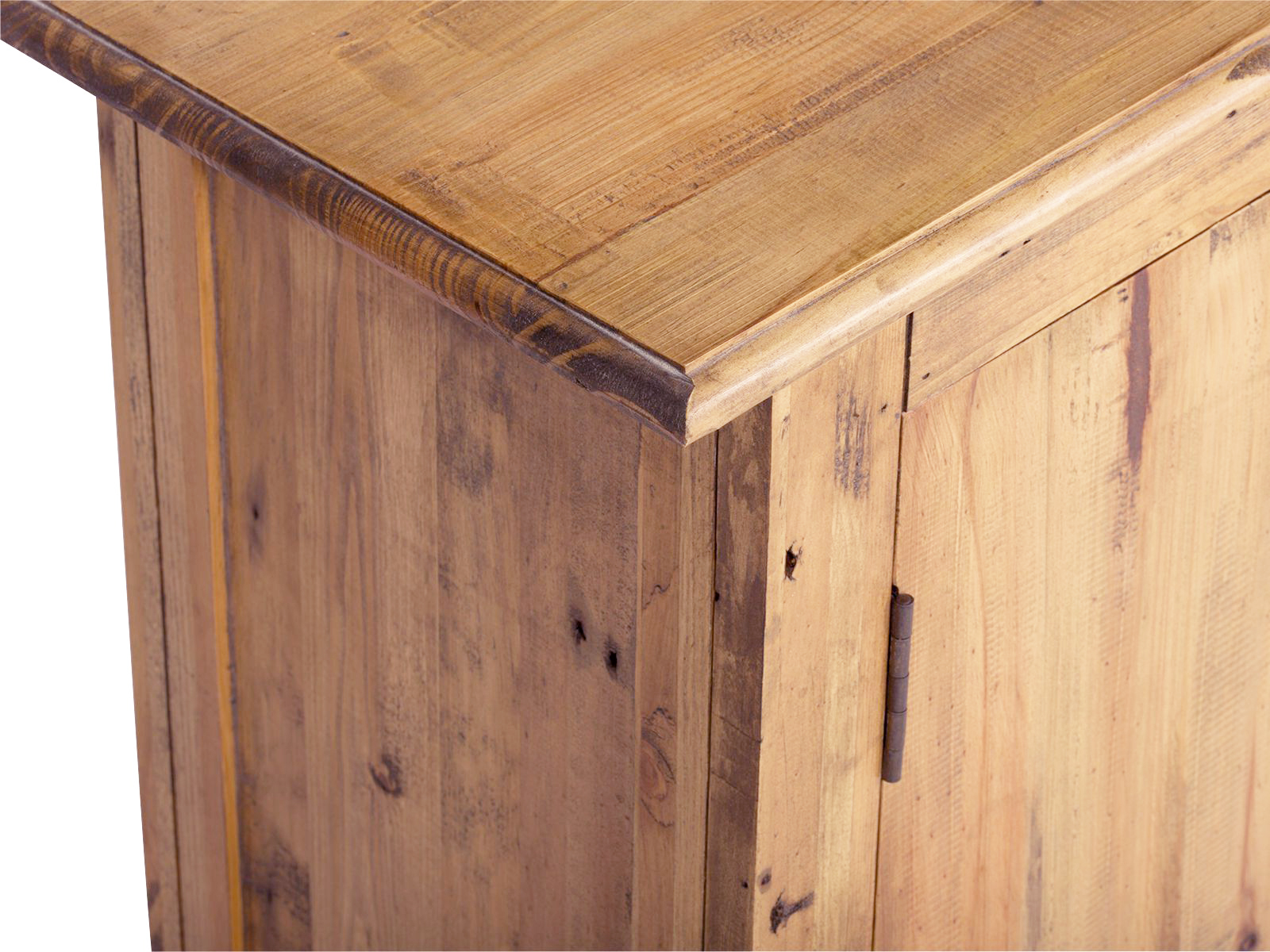 45°-Freisteller des Waschbeckenunterschranks Rangun aus lackierter Pinie in Braun – 2-türiges, rustikales Holzprodukt.