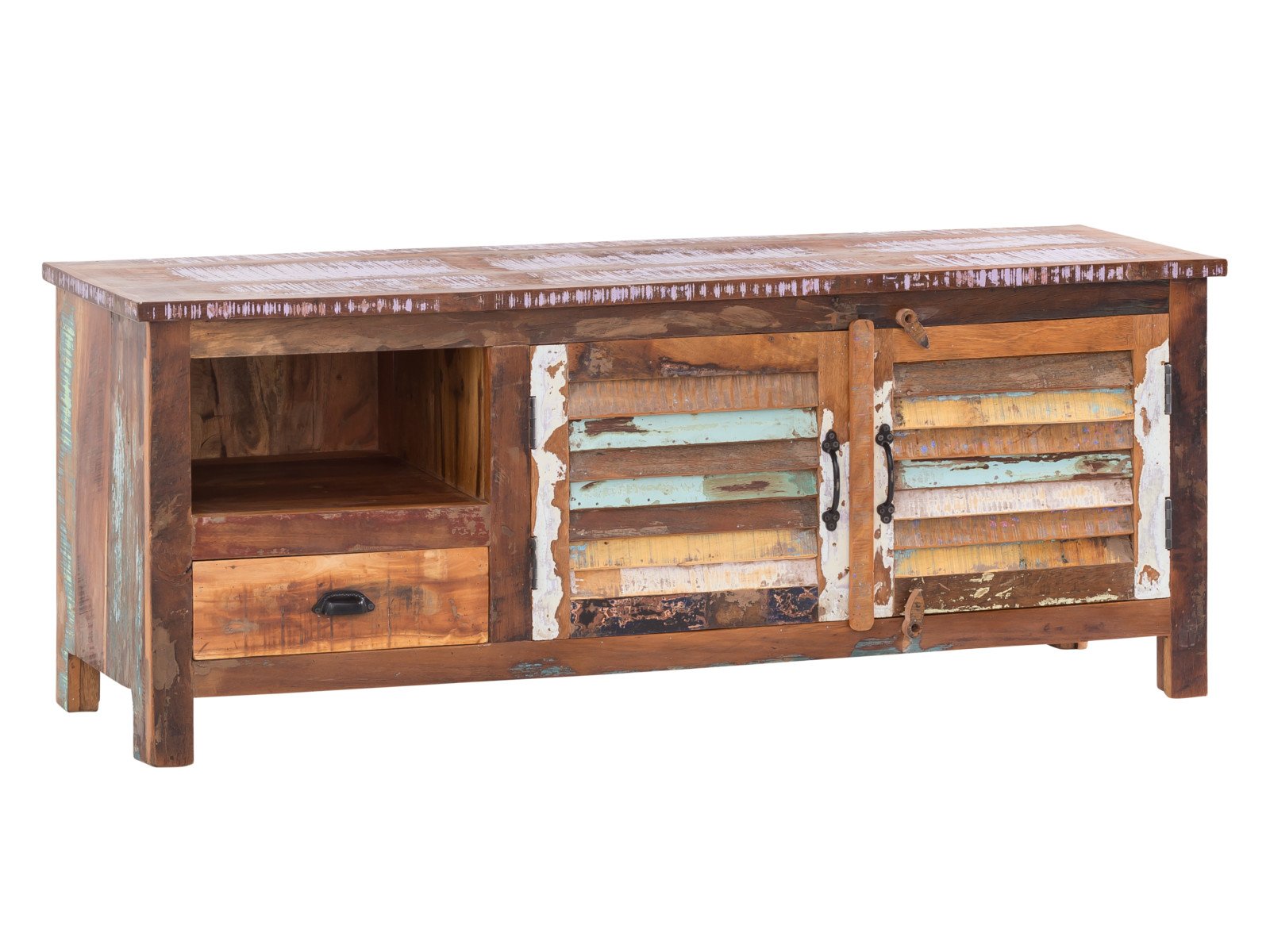 TV-Lowboard Wakefield 1600 aus hellem Holz mit schwarzen Metallfüßen, skandinavisch-minimalistisches Design für modernes Wohnzimmer