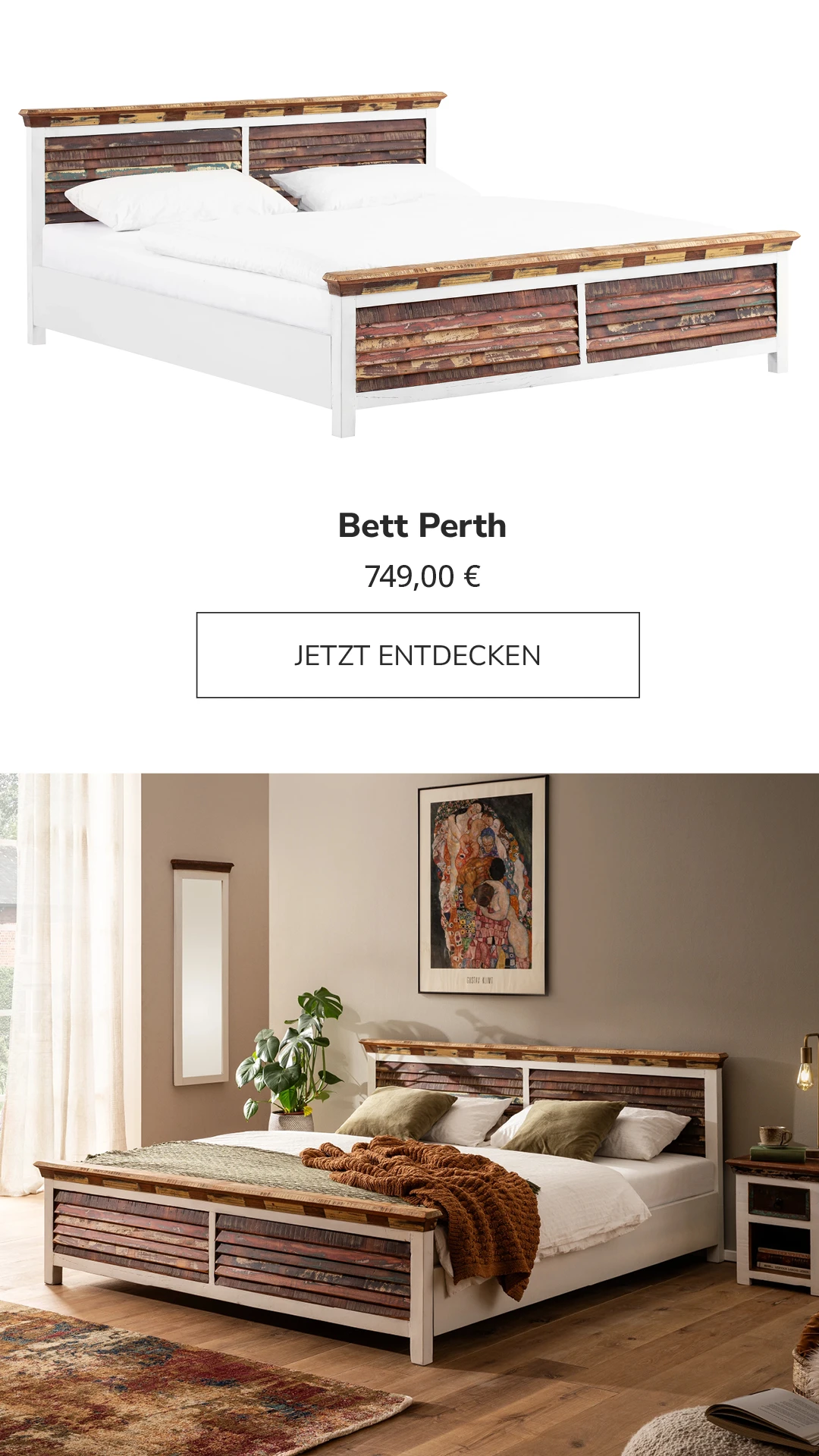 Holzbett 'Perth' aus massivem Naturholz, schlichtes Design mit niedrigem Rahmen – warmes, gemütliches Schlafzimmerambiente.