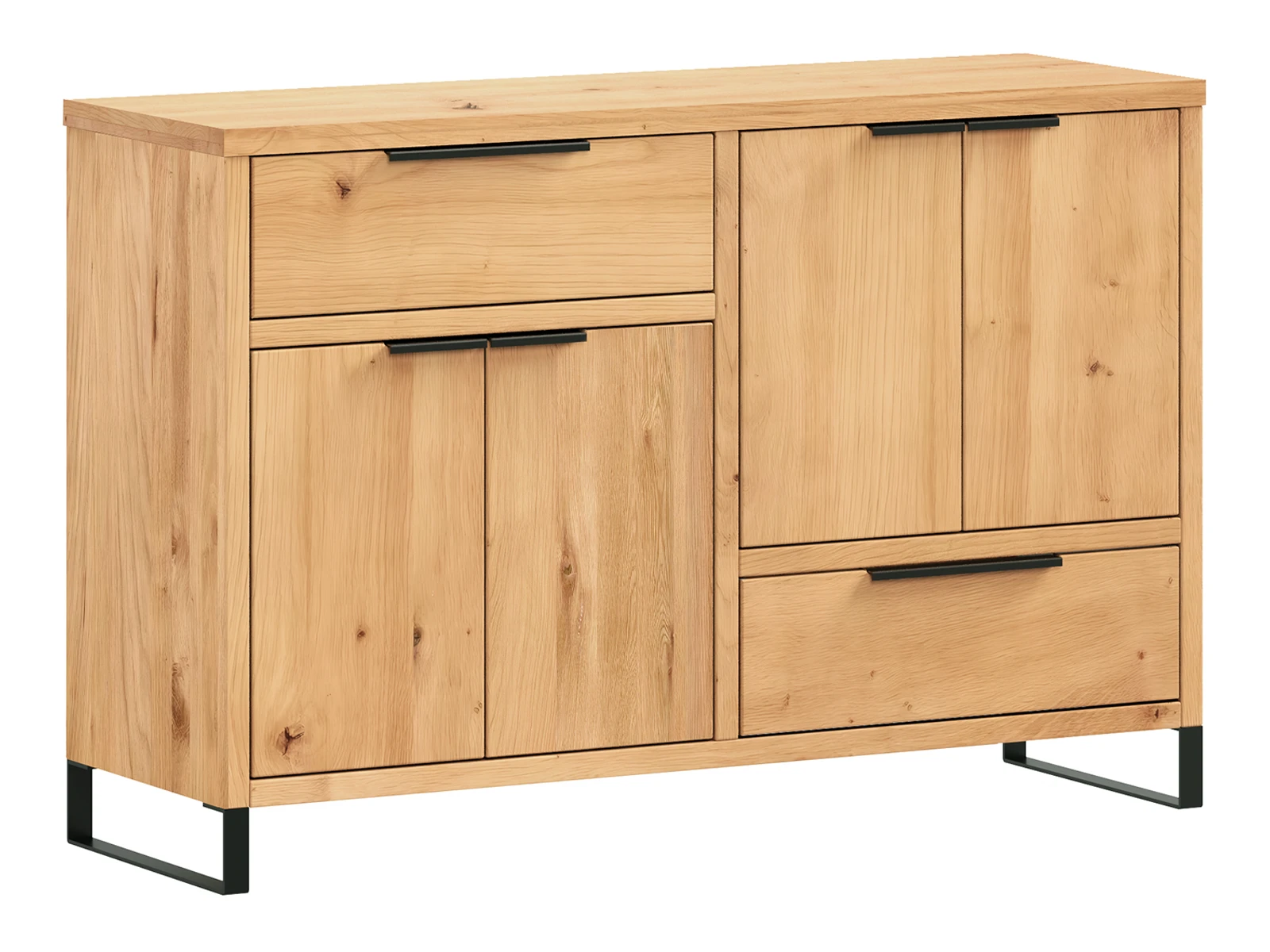 Freisteller: Sideboard Sydney 126 cm Wildeiche, 45°-Ansicht, geöltes Holz, 4 Türen, 2 Schubladen, Braun, 84×41×126 cm