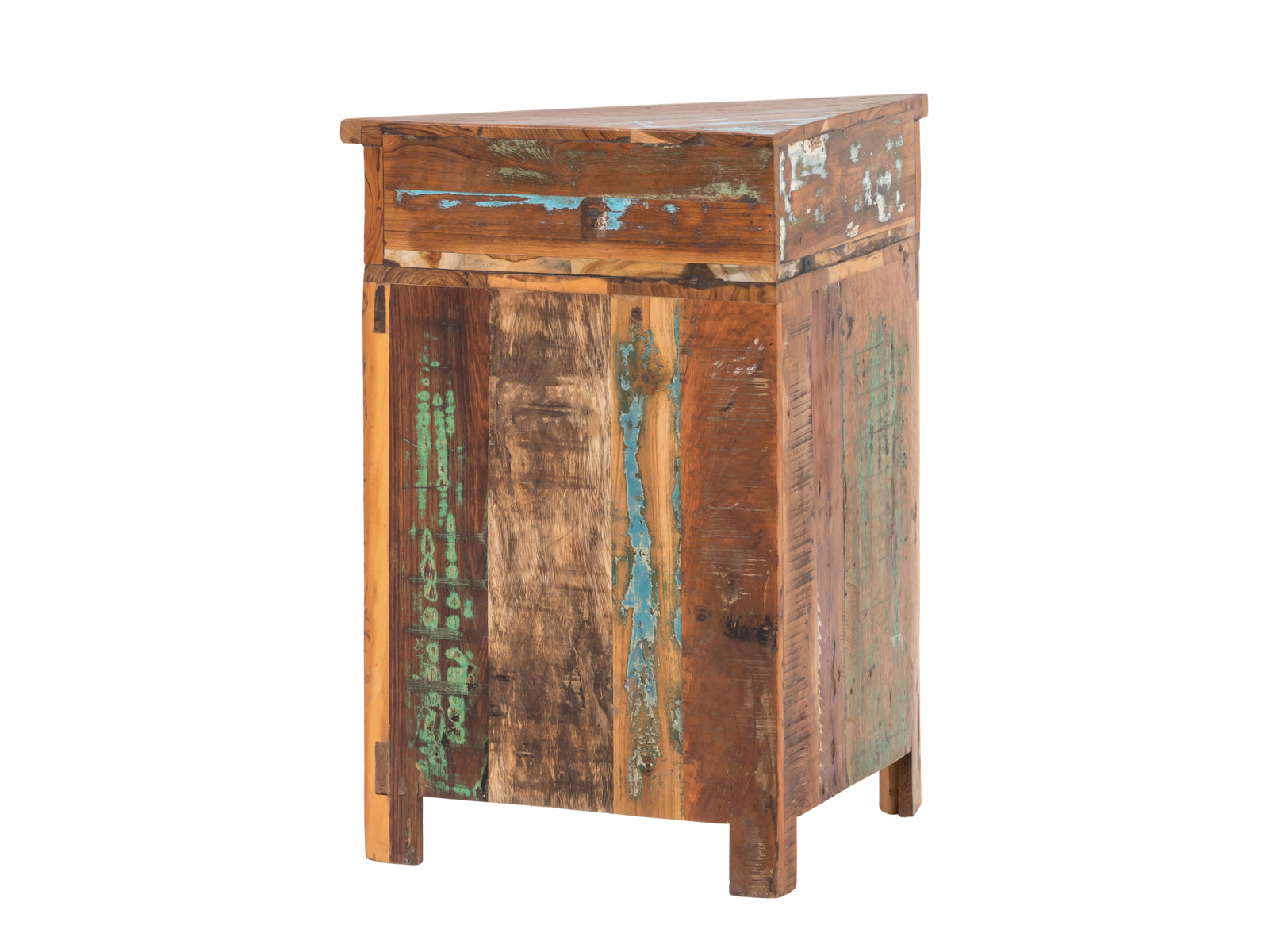 Freisteller 45°-Ansicht Eckunterschrank Sumana aus recyceltem Hartholz, lackiert, braun, 64×74×32 cm, 2 Türen, 1 Schublade